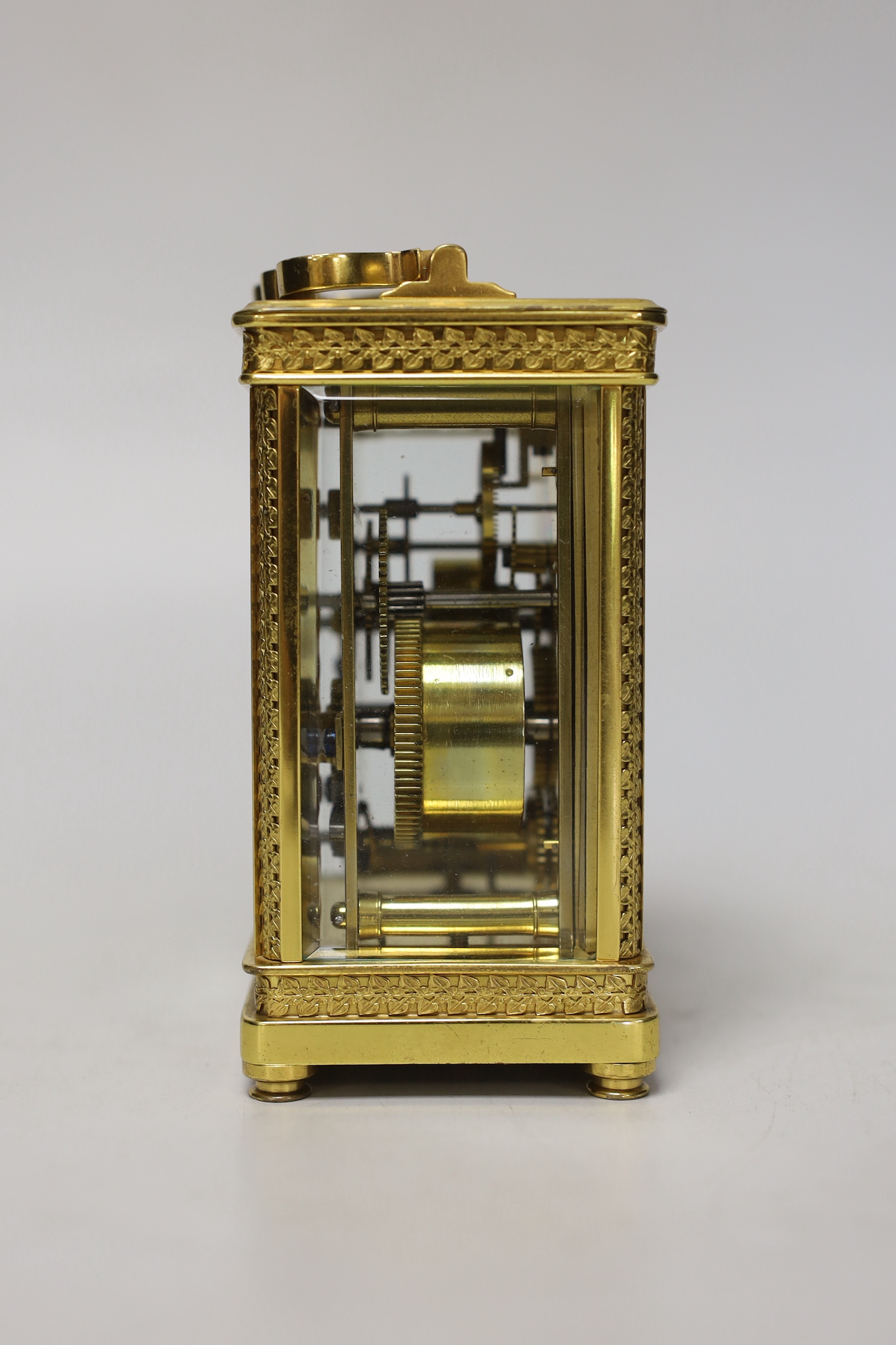 An Edwardian brass carriage timepiece with alarm, 12cm